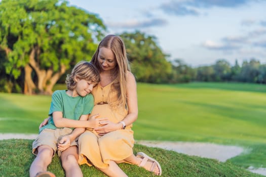 Heartwarming outdoor bonding as a pregnant mom and her son enjoy quality time together, savoring the beauty of nature and creating cherished moments.