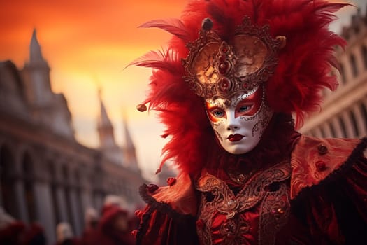 A person adorned in a traditional Venetian carnival mask and costume, with the iconic architecture of Venice silhouetted against a stunning sunset