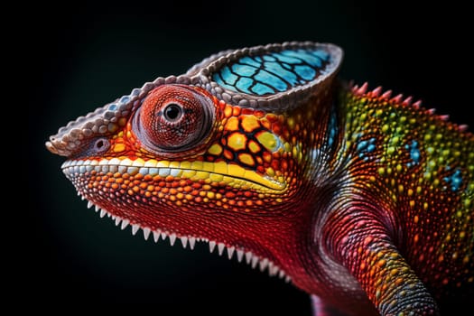 Vibrant close-up image capturing the intricate details and vibrant colors of a chameleon against a dark background