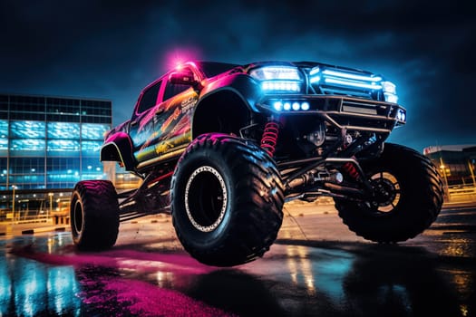 Monster truck illuminated by neon lights - excitement and thrill of an extreme sport and entertainment monster truck stunts racing show