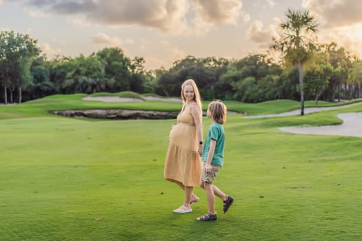 Heartwarming outdoor bonding as a pregnant mom and her son enjoy quality time together, savoring the beauty of nature and creating cherished moments.