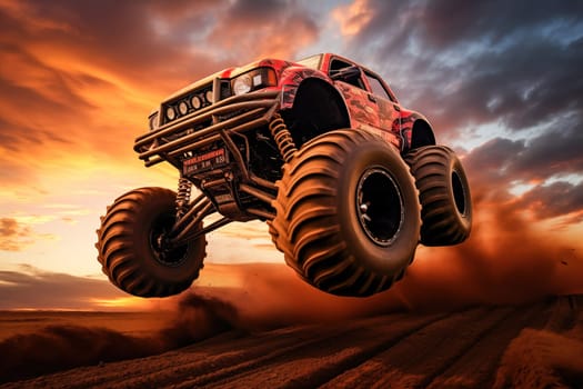 Monster truck driving and jumping outdoors amidst a cloud of dust. Thrill and adrenaline of an outdoor racing event on off-road terrain at dramatic sunset