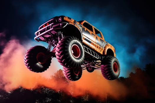 Monster truck driving and jumping outdoors amidst a cloud of dust. Thrill and adrenaline of an outdoor racing event on off-road terrain in night