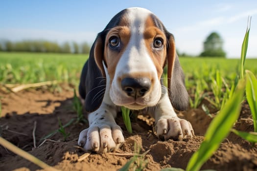A close-up shot of a playful Basset Hound puppy with floppy ears, exploring the outdoors