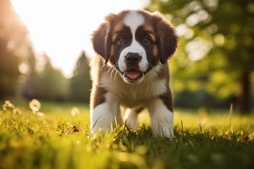 A curious cute Saint Bernard puppy with expressive eyes and floppy ears, exploring the outdoors on a sunny day