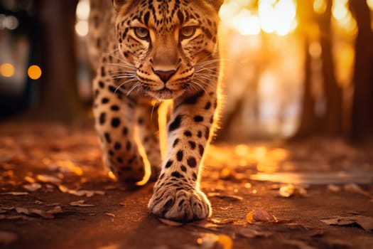 Baby leopard walking with confidence during the golden hour, showcasing its spotted fur and innocent eye