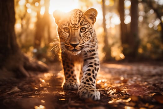 Baby leopard walking with confidence during the golden hour, showcasing its spotted fur and innocent eye