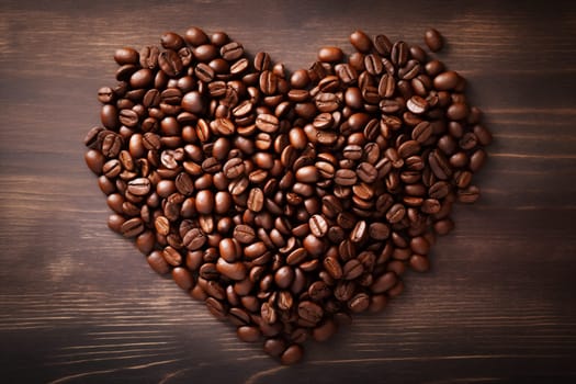 A heart shape made of rich, dark coffee beans sits atop a rustic wooden background, symbolizing a love for coffee