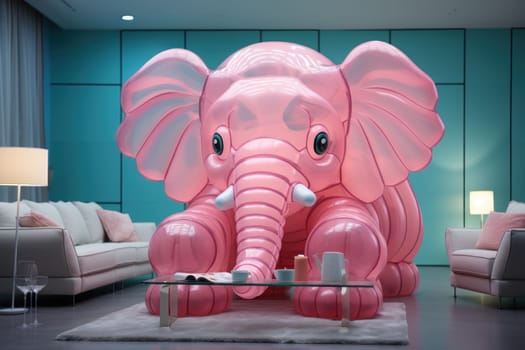 Countless inflatable animals,supplemented by simple pieces of furniture in the space. Generative AI.