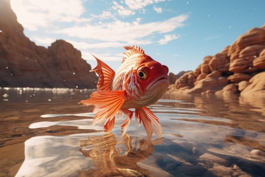 Surrealism fish is swimming in the desert with no water around. Generative AI.