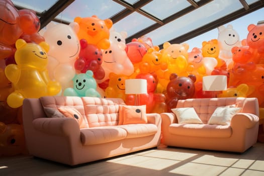 Countless inflatable animals,supplemented by simple pieces of furniture in the space. Generative AI.