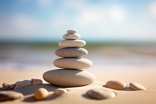 Zen stones stack on sand waves in a minimalist setting for balance and harmony. Balance, harmony, and peace of mind, wellness, meditation, and spirituality concept