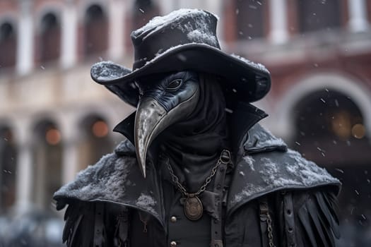 Person dressed as a plague doctor, adorned with the iconic crow mask, amidst the snowfall at the Venice Carnival