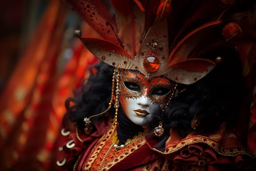 A person adorned in a richly detailed and colorful carnival costume, complete with an elaborate mask, participates in the iconic Venice Carnival