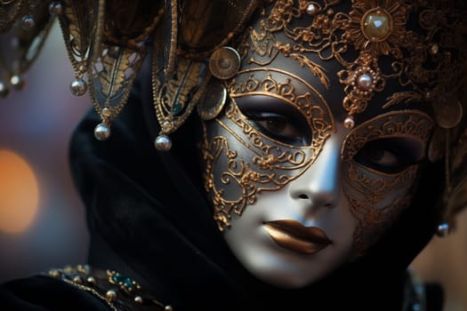 A person adorned in a richly detailed mask and costume, capturing the essence of the Venice Carnival grandeur and mystery