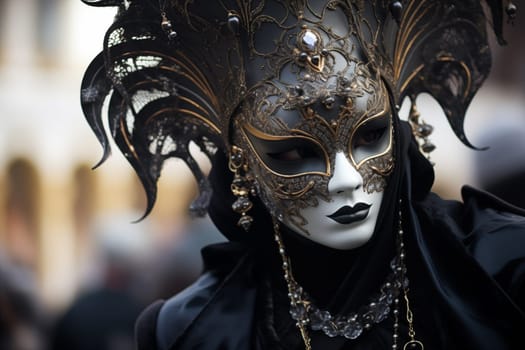 A person adorned in a richly detailed mask and costume, capturing the essence of the Venice Carnival grandeur and mystery