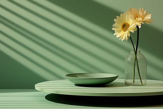 Abstract green minimalist circular stage design style, Sunflower. Generative AI.