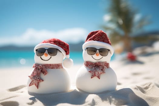 Two Sandy Christmas Snowmen are celebrating Christmas on a beautiful beach. Generative AI.