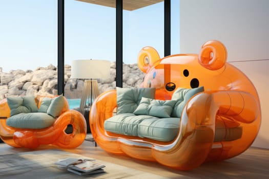 Countless inflatable animals,supplemented by simple pieces of furniture in the space. Generative AI.