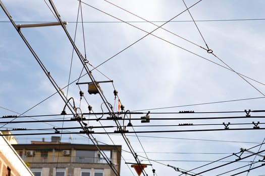 wires of the trolleybus interchange. High quality photo
