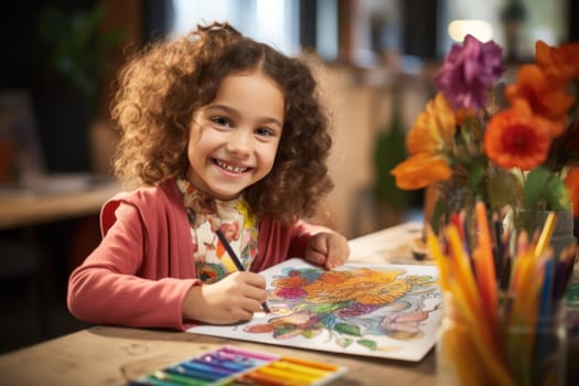 Children coloring activity in a classroom. Generative AI.