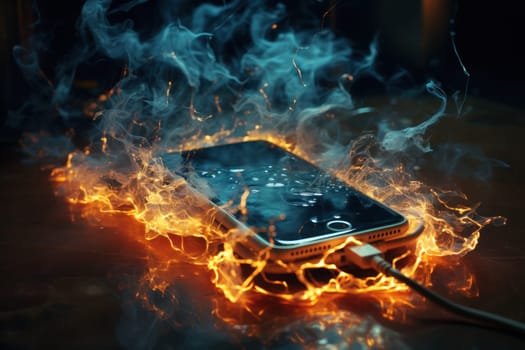 Mobile phone catches fire whilst charging. Fire hazard from mobile device. Generative AI.