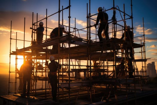 Silhouette construction worker on scaffolding building site. Generative AI.