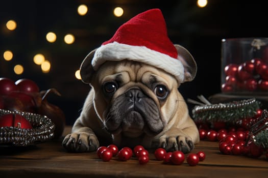 New years team festivity dog with Christmas tree on his head. Generative AI.