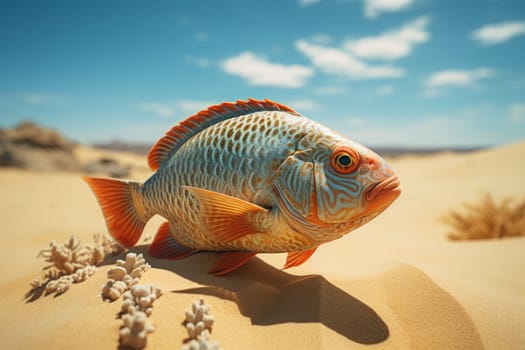 Surrealism fish is swimming in the desert with no water around. Generative AI.