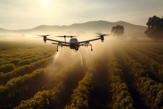 Ad style photo showing a drone spraying pesticide on a crop. Generative AI.