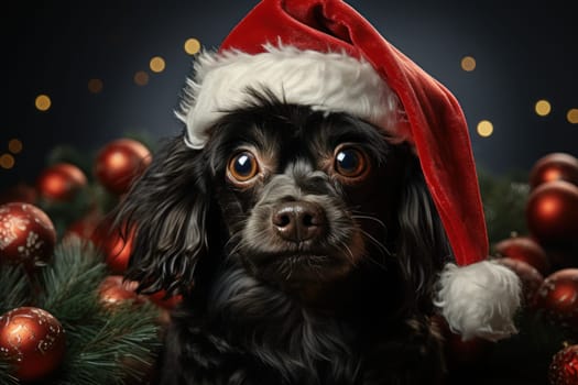 New years team festivity dog with Christmas tree on his head. Generative AI.