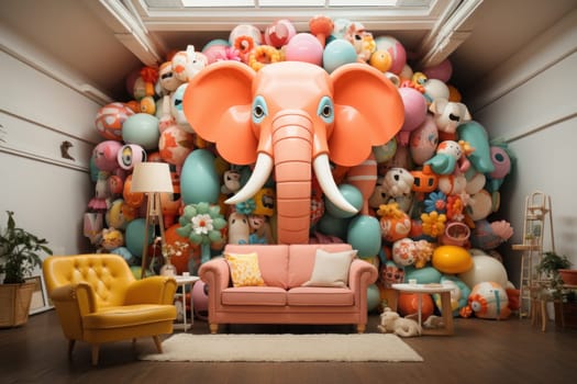 Countless inflatable animals,supplemented by simple pieces of furniture in the space. Generative AI.
