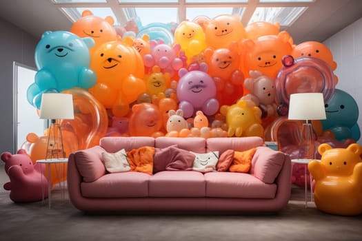 Countless inflatable animals,supplemented by simple pieces of furniture in the space. Generative AI.