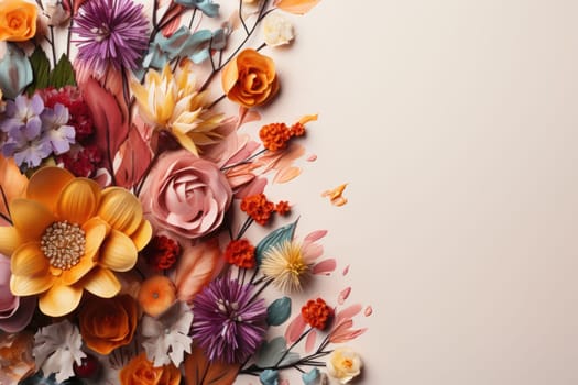 Flowers and paint brush on white background empty space Flat lay. Generative AI.