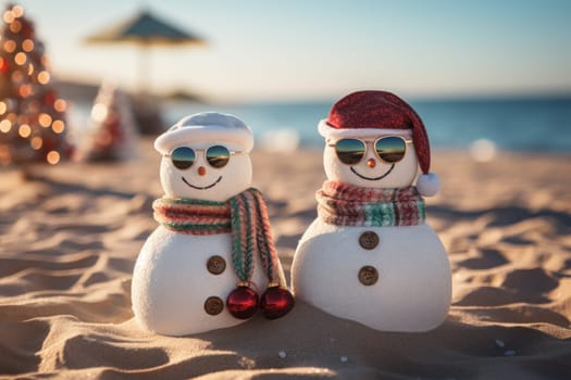 Two Sandy Christmas Snowmen are celebrating Christmas on a beautiful beach. Generative AI.