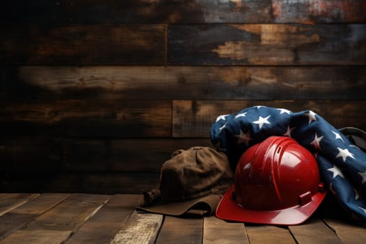 Happy Labor day concept. American flag with different construction tools. Generative AI.