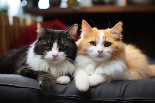 Black and white cat on sofa together orange cat fat. Generative AI.
