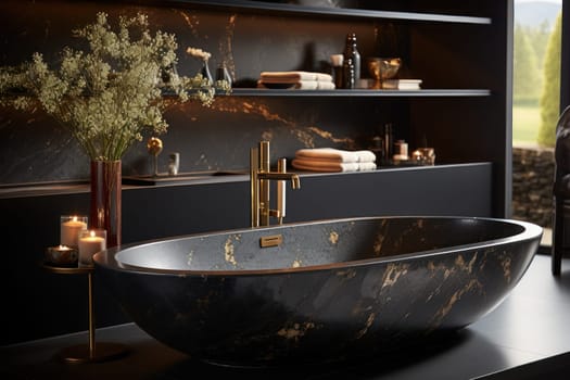 Monochromatic Charm: A black marble bathtub in a contemporary bathroom. Generative AI.
