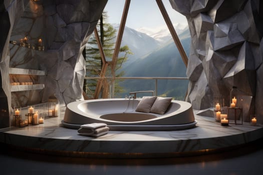 A hexagonal white marble bathtub nestled within a geometrically designed bathroom. Generative AI.