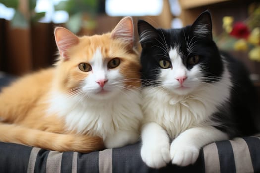 Black and white cat on sofa together orange cat fat. Generative AI.