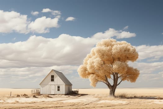 Minimalism large two-story barn in field with trees. Generative AI.