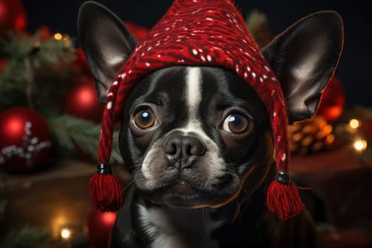 New years team festivity dog with Christmas tree on his head. Generative AI.
