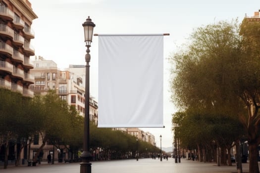 A mockup of a blank white polyester banner hanging from the top of a lamppos. Generative AI.