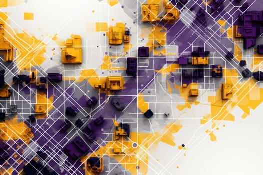 A purple and yellow map made of squares, streetscape, clean and simple designs. Generative AI.
