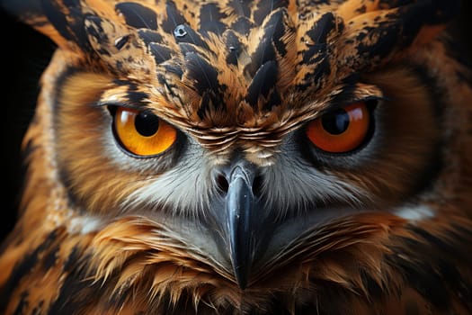 A close-up shot of a owl striking face, its focused eyes, documentary photo. Generative AI.