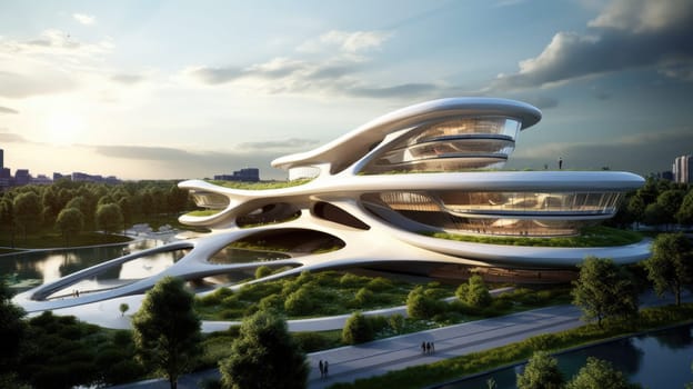 Futuristic sustainable complex office building for green economy and sustainability comeliness