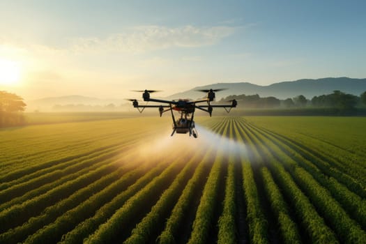 Ad style photo showing a drone spraying pesticide on a crop. Generative AI.