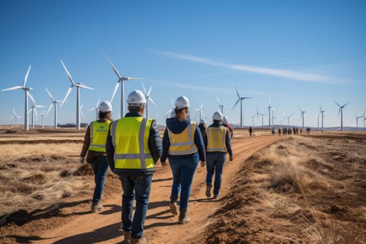 A modern wind farm backdrop team of lady engineers meeting. Generative AI.