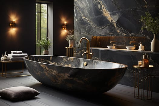 Monochromatic Charm: A black marble bathtub in a contemporary bathroom. Generative AI.