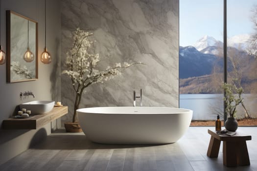 Sleek Minimalism A white marble bathtub with clean lines. Generative AI.